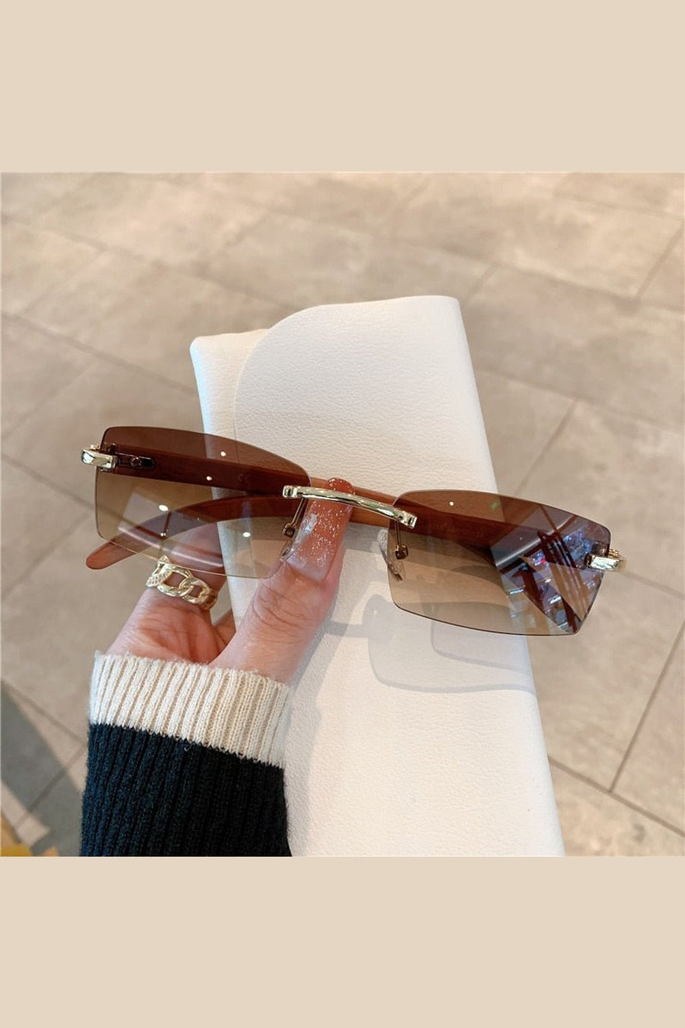 Y2k Rimless Wooden Pattern Sunglasses