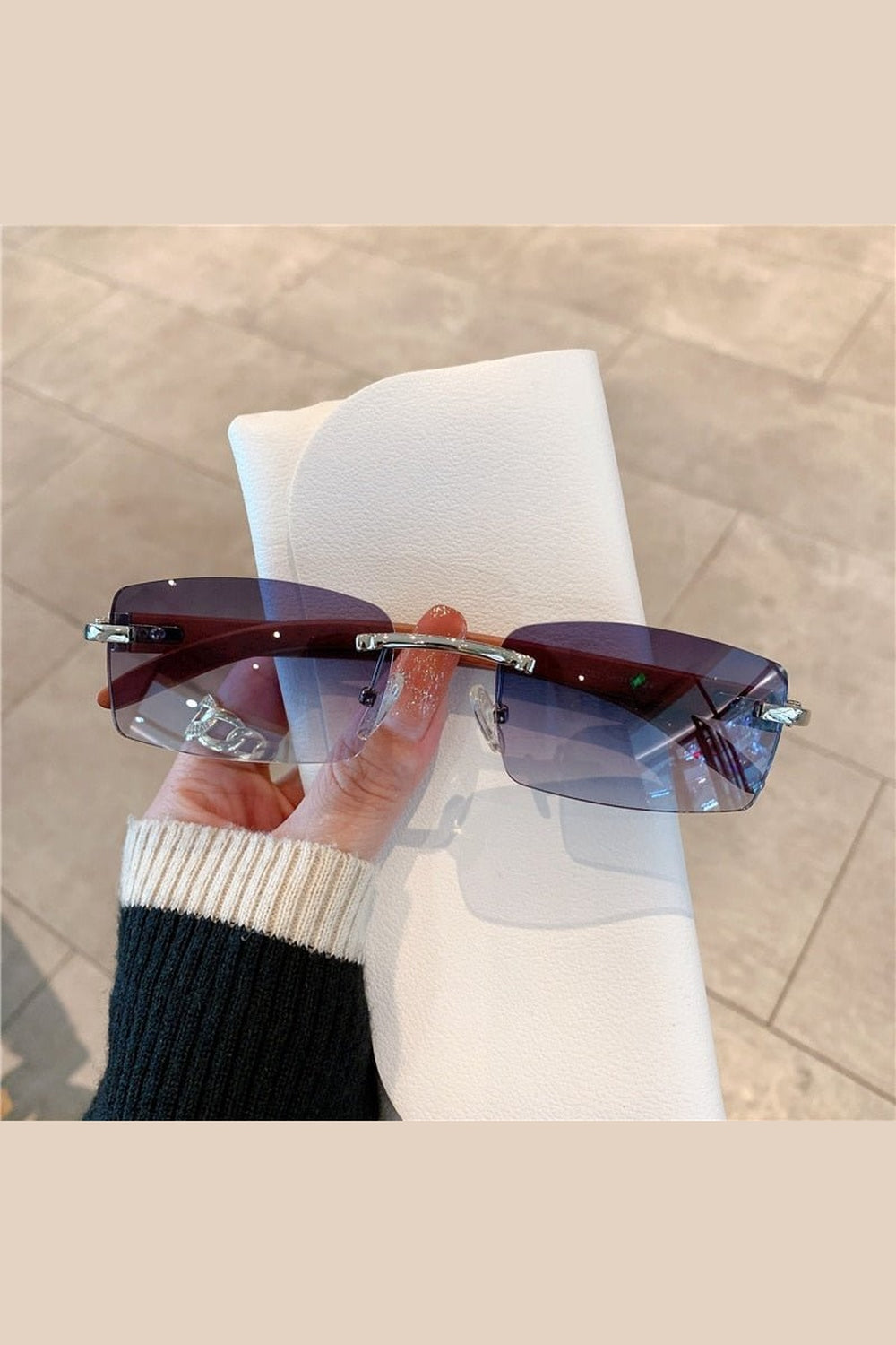 Y2k Rimless Wooden Pattern Sunglasses