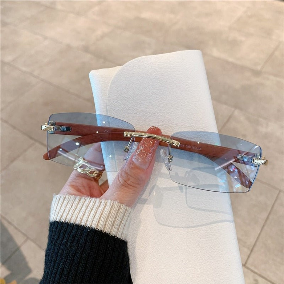 Y2k Rimless Wooden Pattern Sunglasses