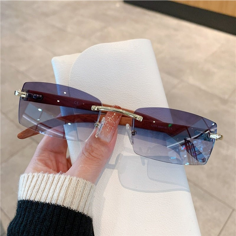 Y2k Rimless Wooden Pattern Sunglasses