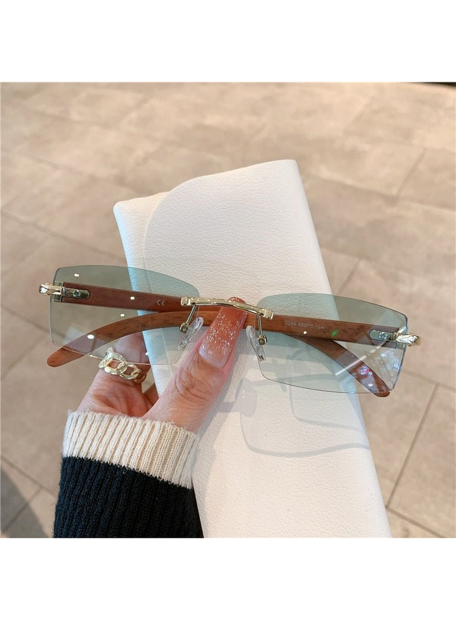 Y2k Rimless Wooden Pattern Sunglasses