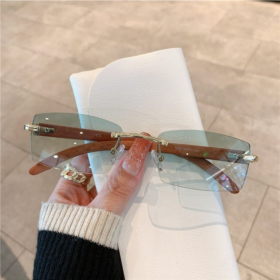 Y2k Rimless Wooden Pattern Sunglasses