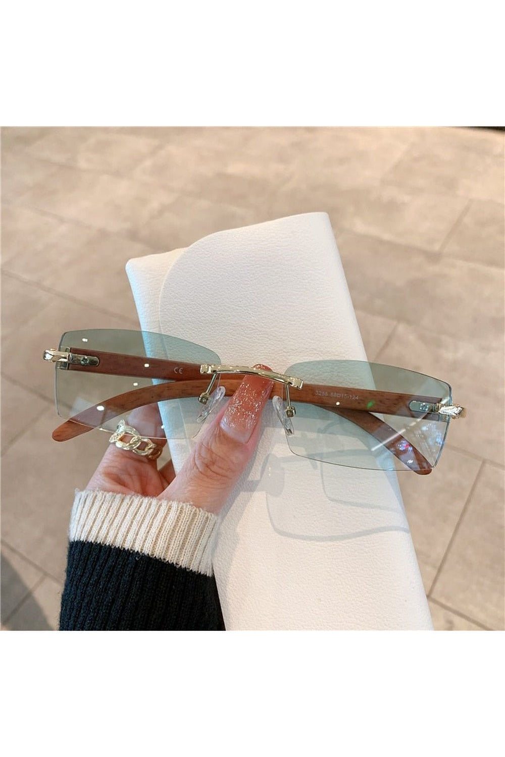 Y2k Rimless Wooden Pattern Sunglasses