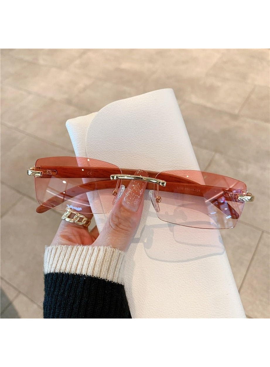 Y2k Rimless Wooden Pattern Sunglasses