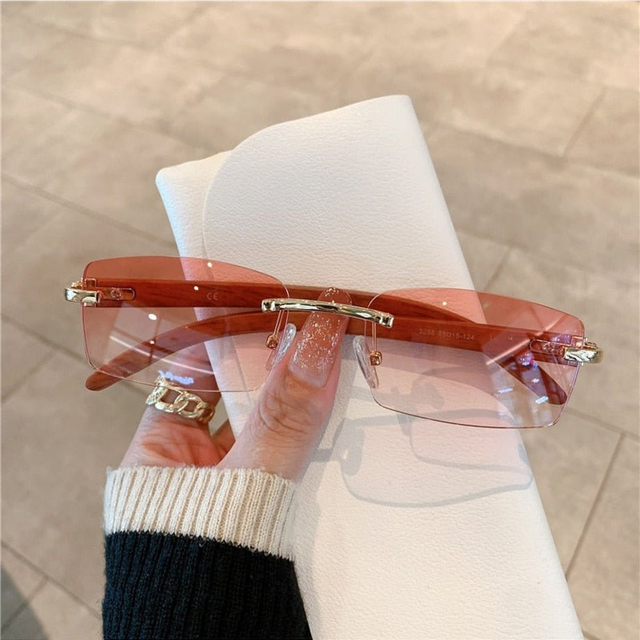 Y2k Rimless Wooden Pattern Sunglasses