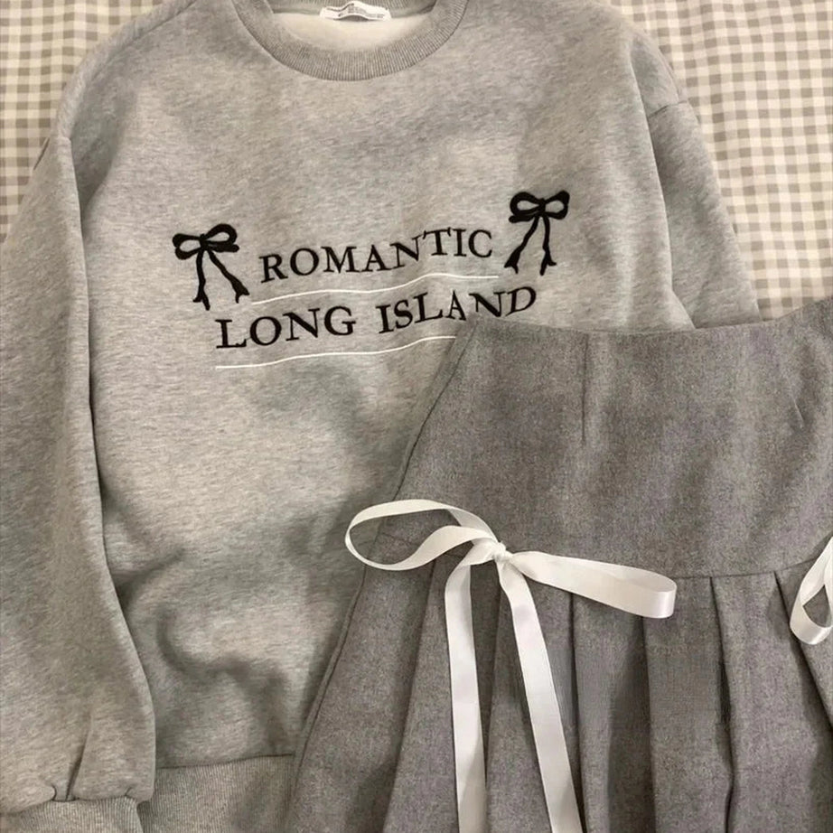 Y2k Romantic Ribbon Sweatshirt and Skirt Set