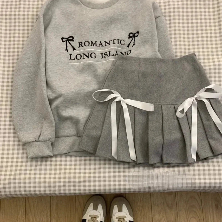 Y2k Romantic Ribbon Sweatshirt and Skirt Set