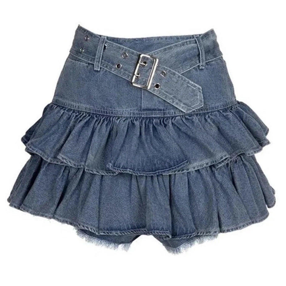 Y2k Ruffled Denim Charm Mini Skirt