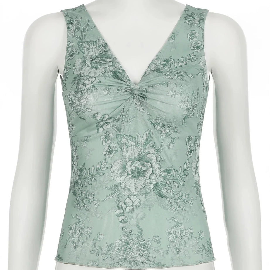 Y2k Sage Green Floral V-Neck Top