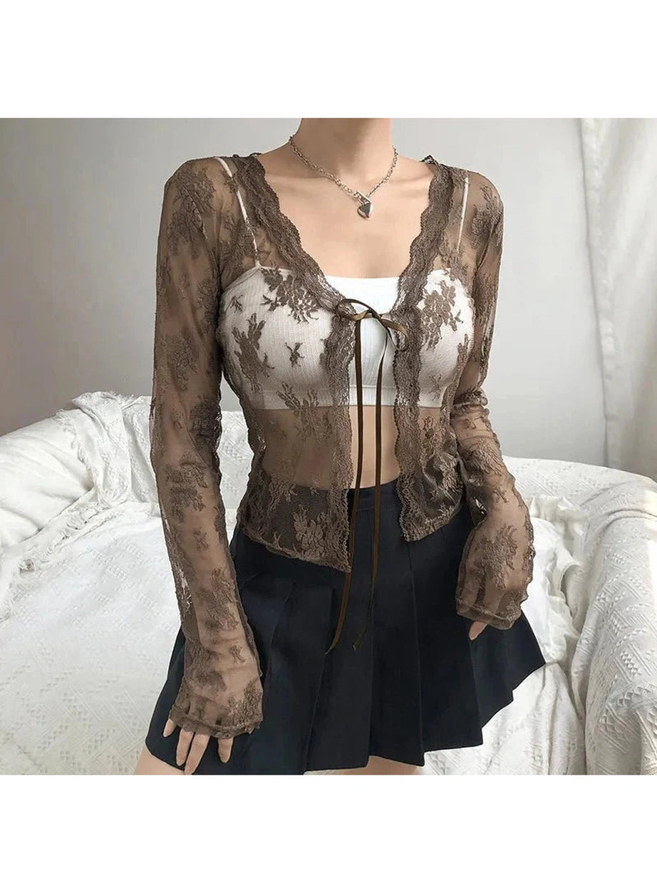 Y2k See-Through Lace Floral Cardigan