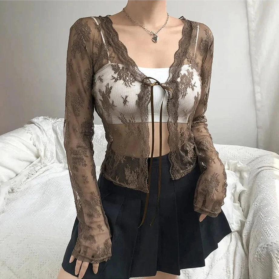 Y2k See-Through Lace Floral Cardigan