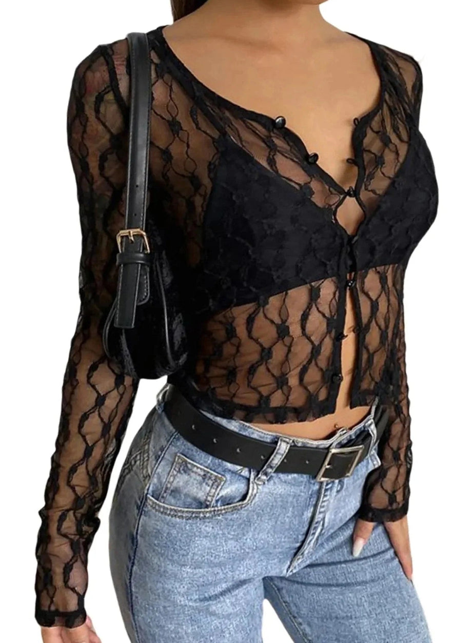 Y2k See-Through Lace Floral Cardigan