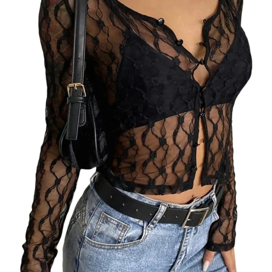 Y2k See-Through Lace Floral Cardigan
