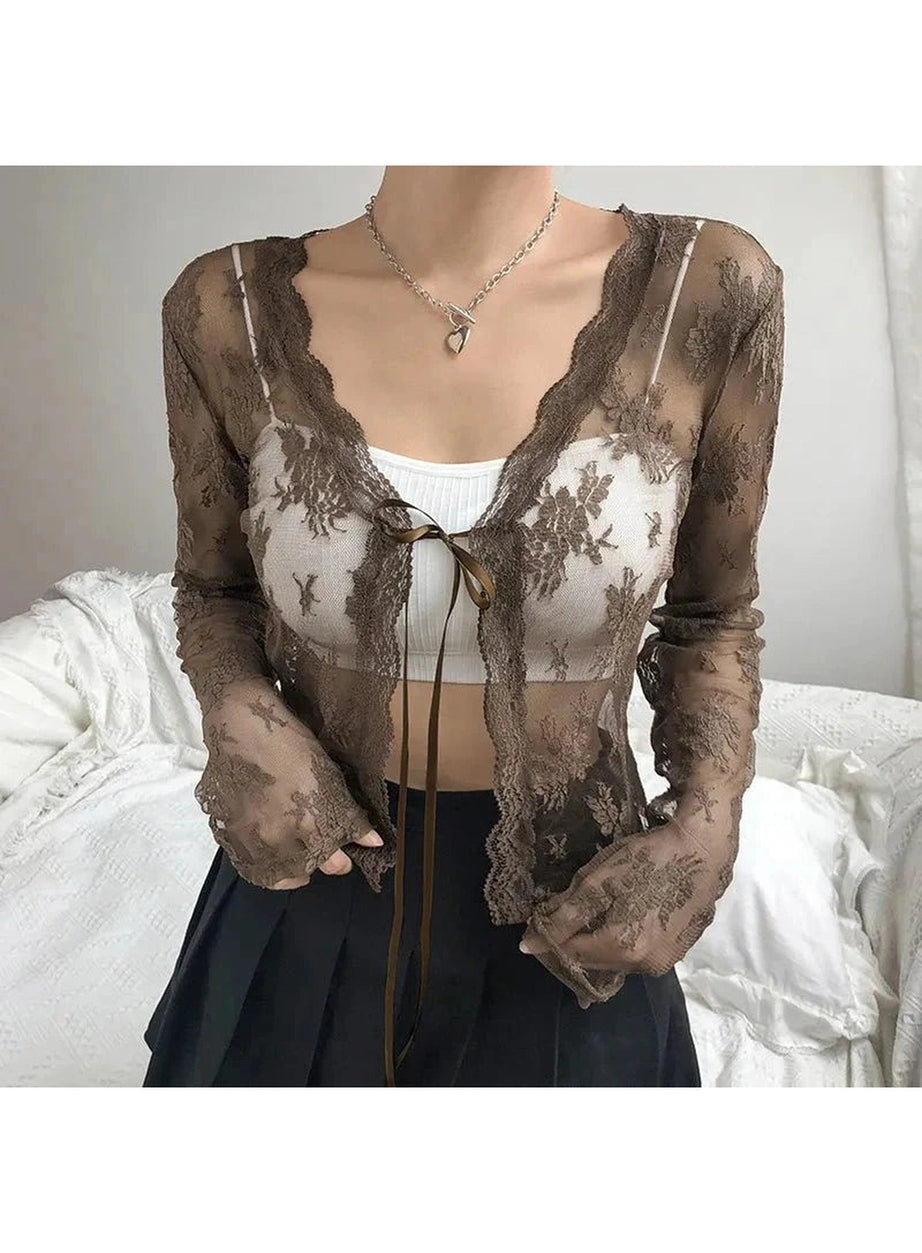 Y2k See-Through Lace Floral Cardigan