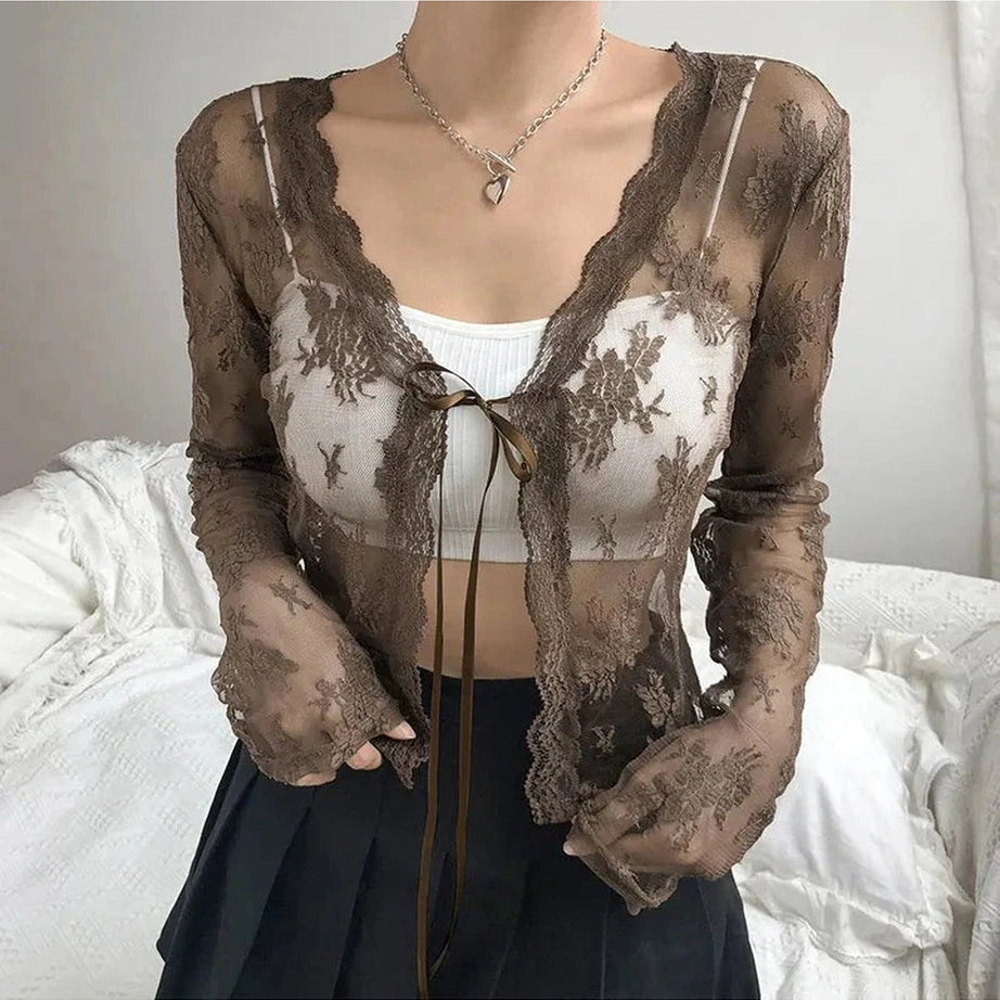 Y2k See-Through Lace Floral Cardigan