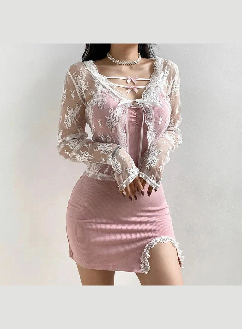 Y2k See-Through Lace Floral Cardigan