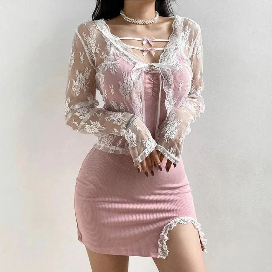 Y2k See-Through Lace Floral Cardigan