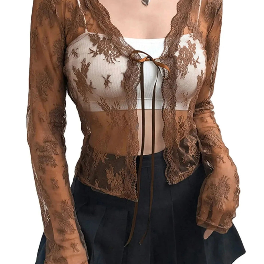 Y2k See-Through Lace Floral Cardigan
