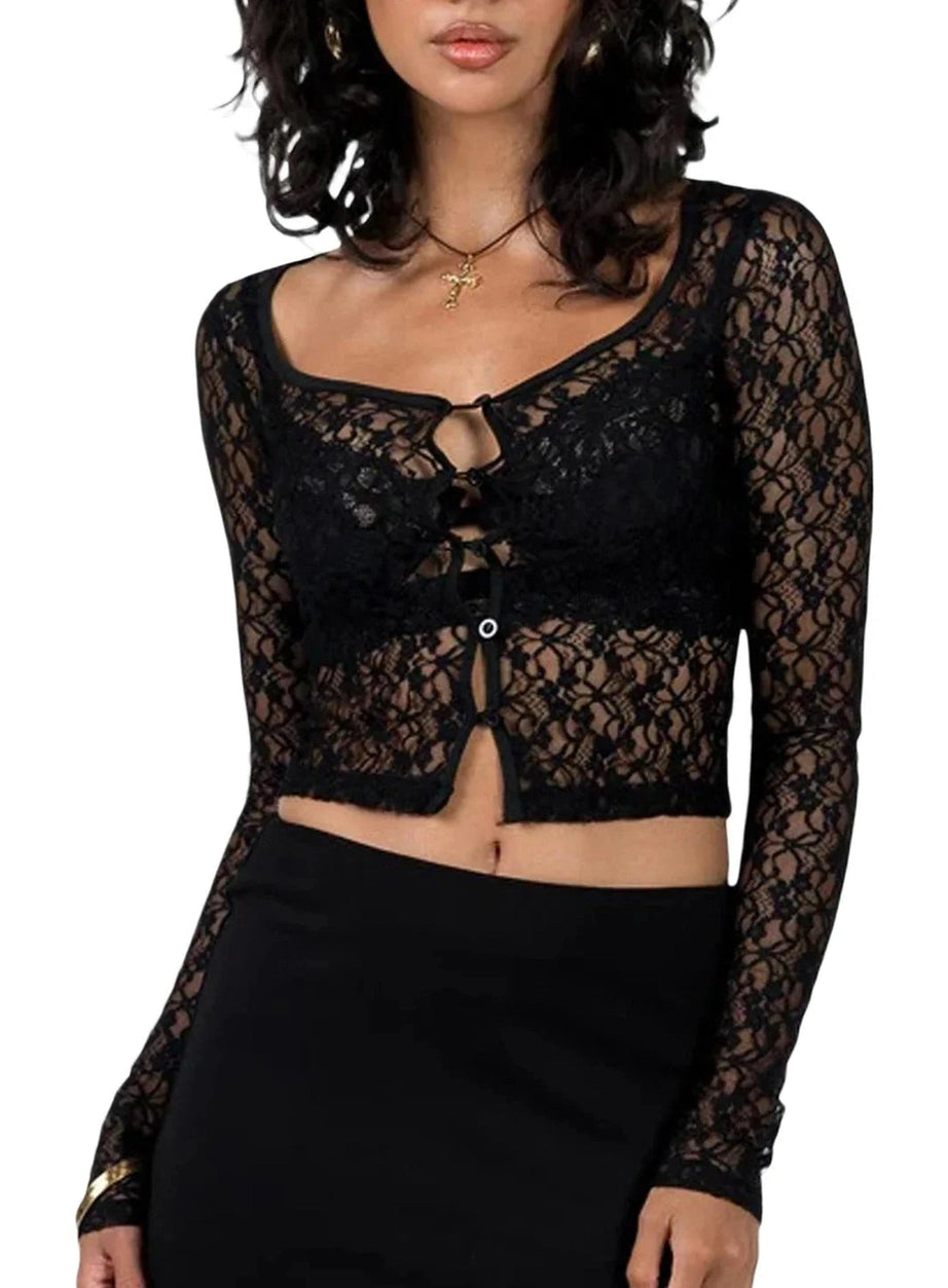 Y2k See-Through Lace Floral Cardigan