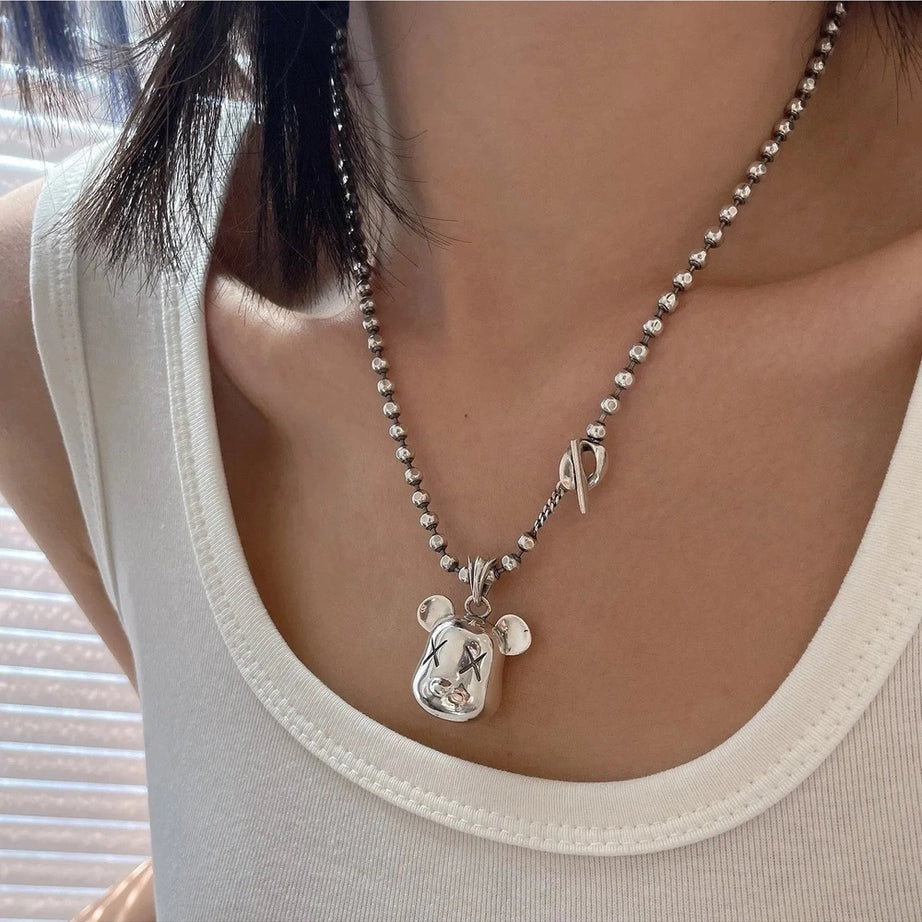 Y2k Silver Bear Head Necklace