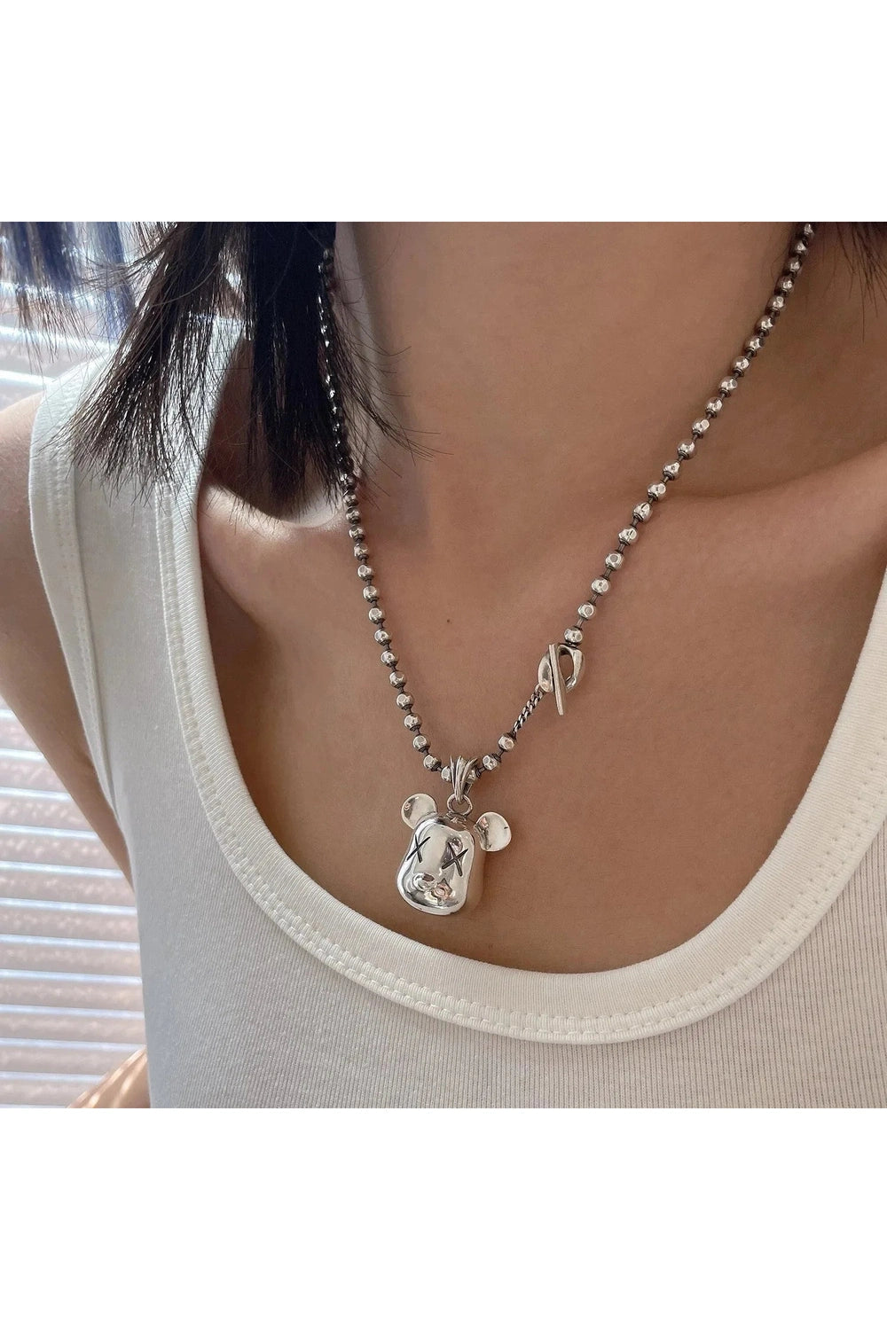 Y2k Silver Bear Head Necklace