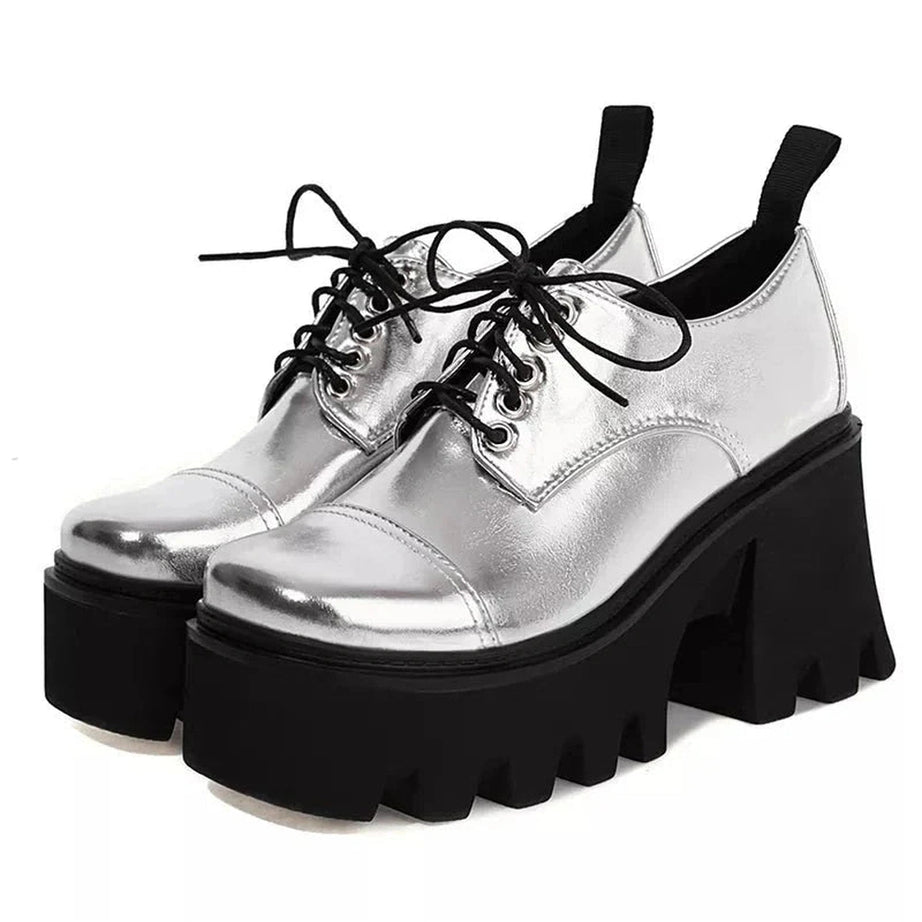 Y2k Silver Platform School Shoes