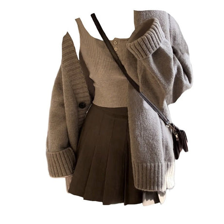 Single-Breasted Oversize Cardigan + Mini Pleated Skirt Set - Cardigans