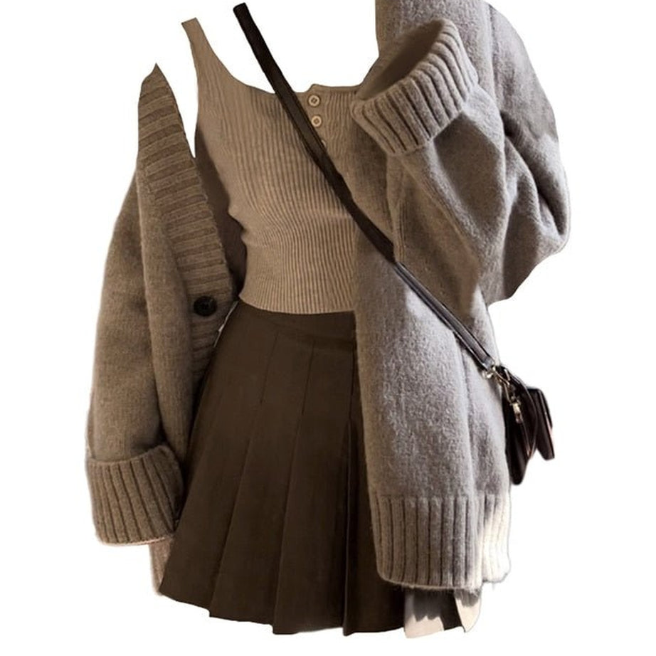 Y2k Single-Breasted Oversize Cardigan + Mini Pleated Skirt Set