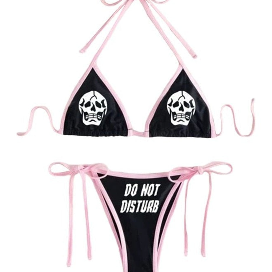 Y2k Skull Print Bikini "DO NOT DISTURB"