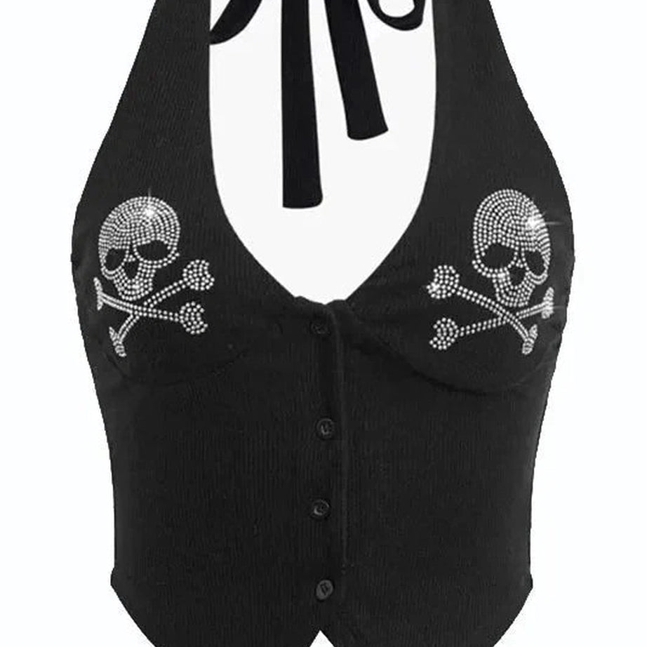 Y2k Skull Rhinestone Halter Crop Top