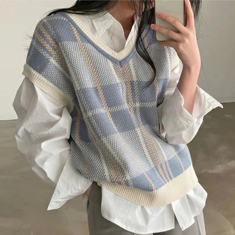 Y2k Soft Pastel Plaid Sweater Vest