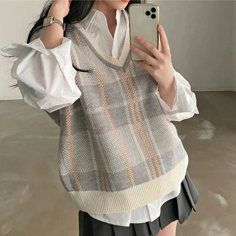 Y2k Soft Pastel Plaid Sweater Vest