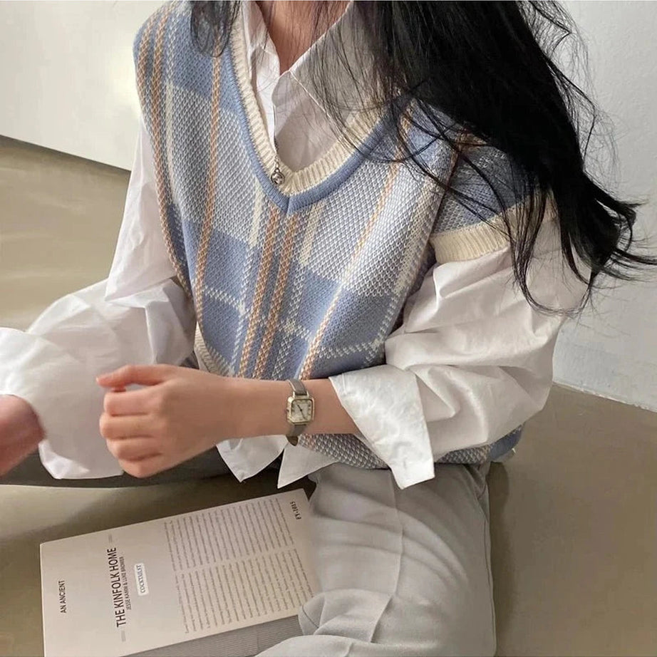 Y2k Soft Pastel Plaid Sweater Vest