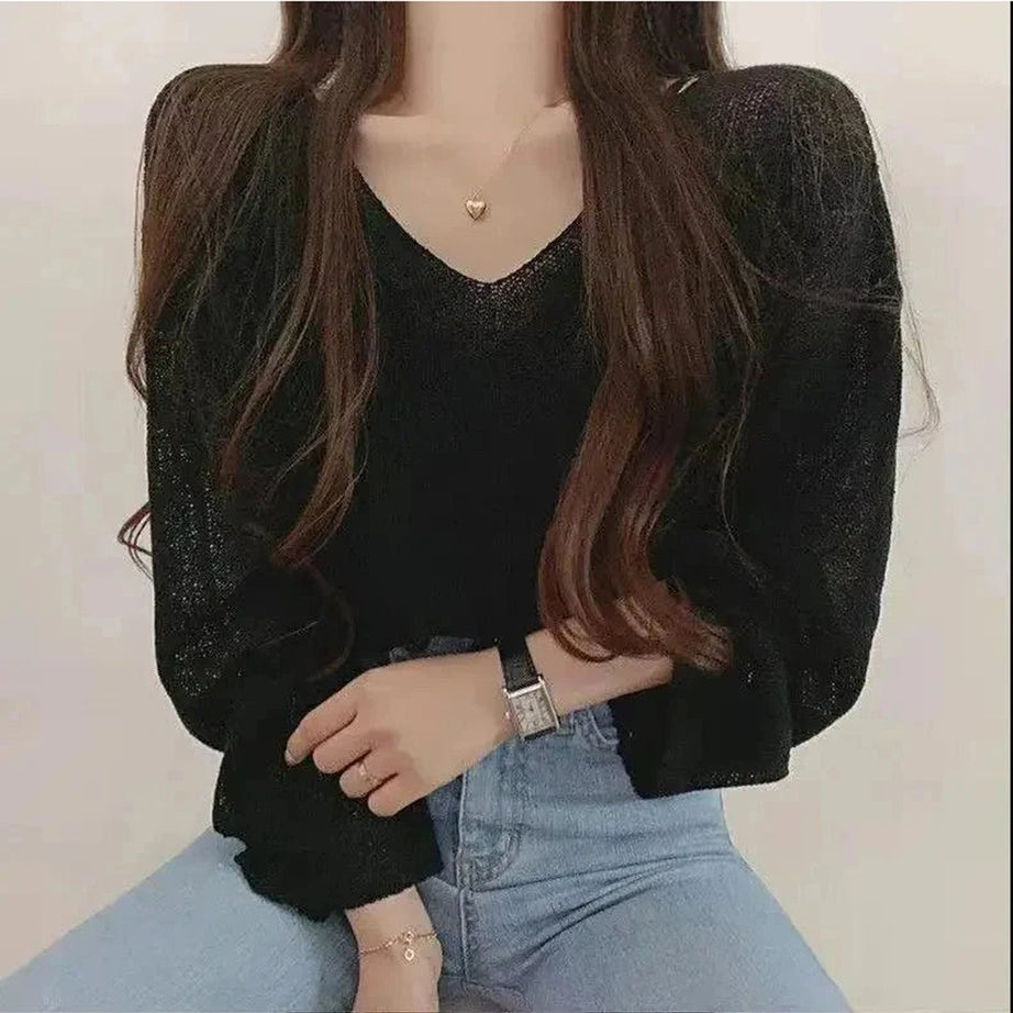 Y2k Spring Black Knit Cropped Sweater