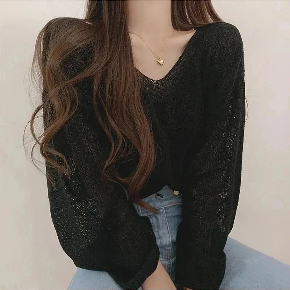 Y2k Spring Black Knit Cropped Sweater