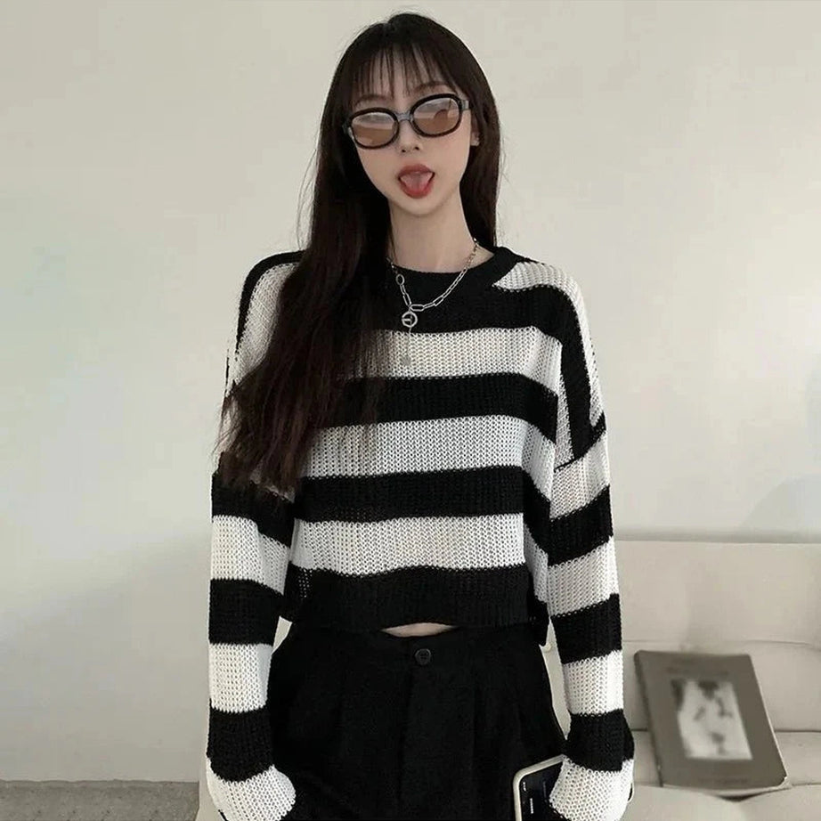 Y2k Spring Striped Cropped O-neck Sweater