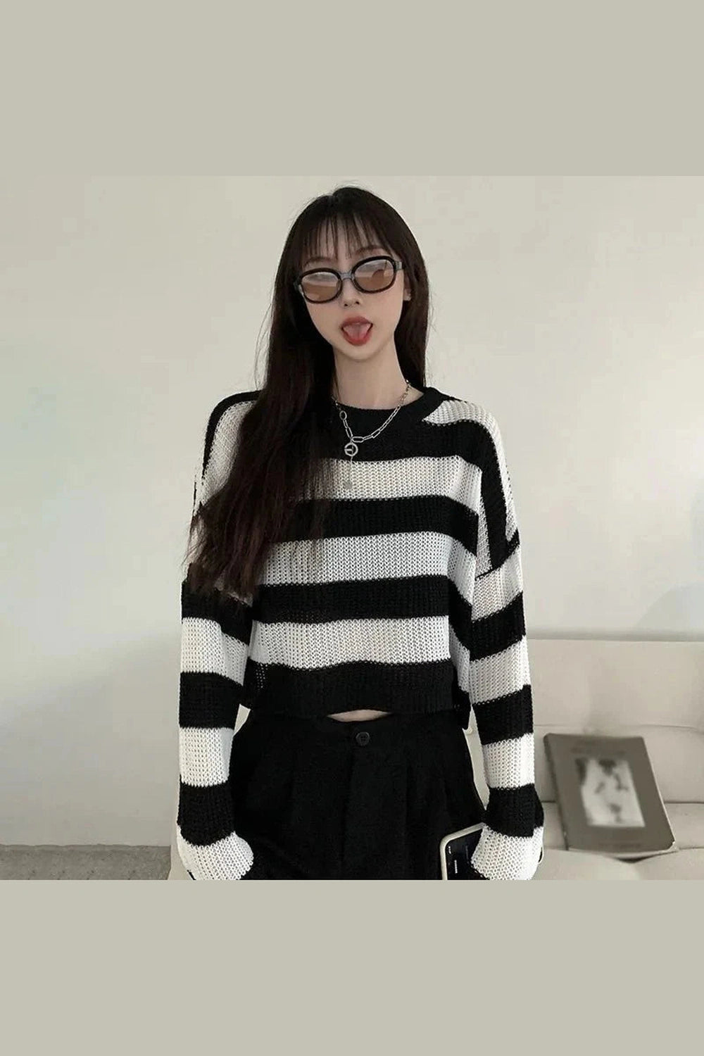 Y2k Spring Striped Cropped O-neck Sweater