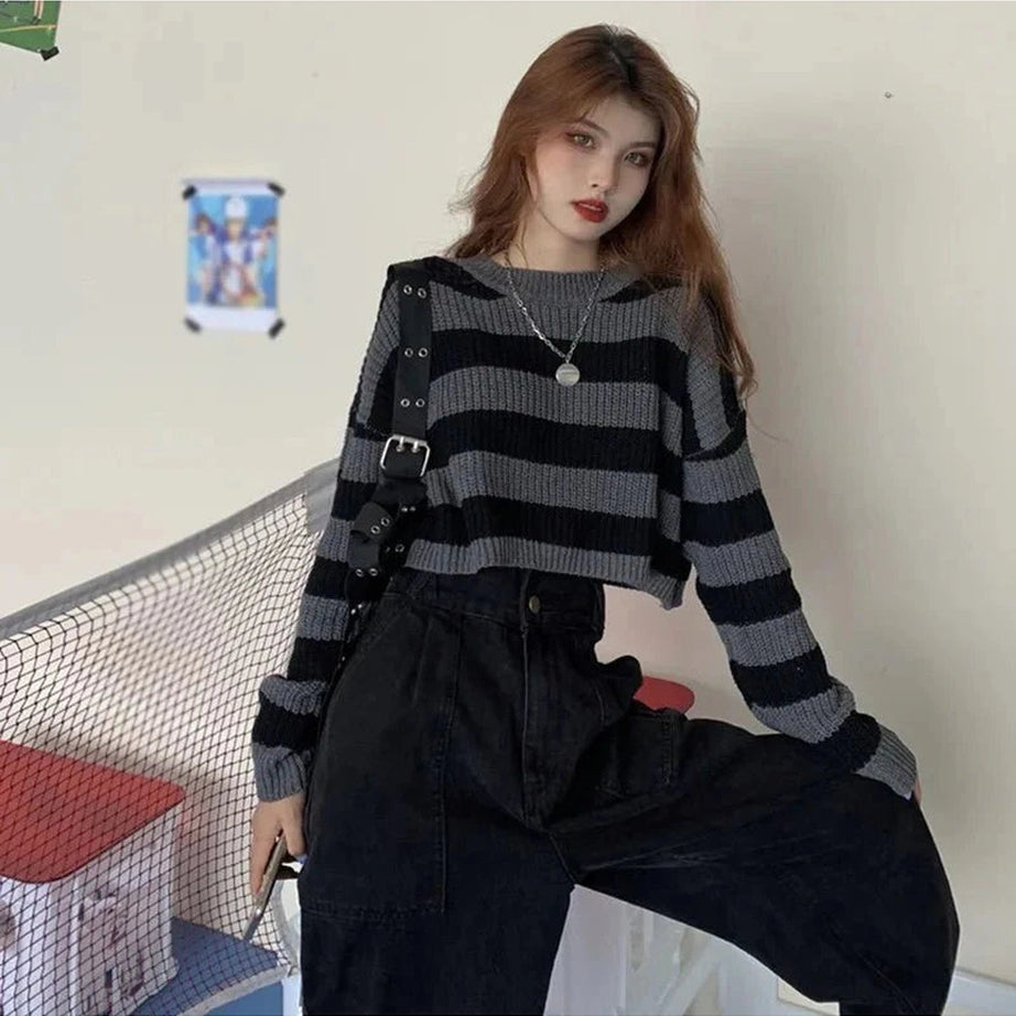 Y2k Spring Striped Cropped O-neck Sweater