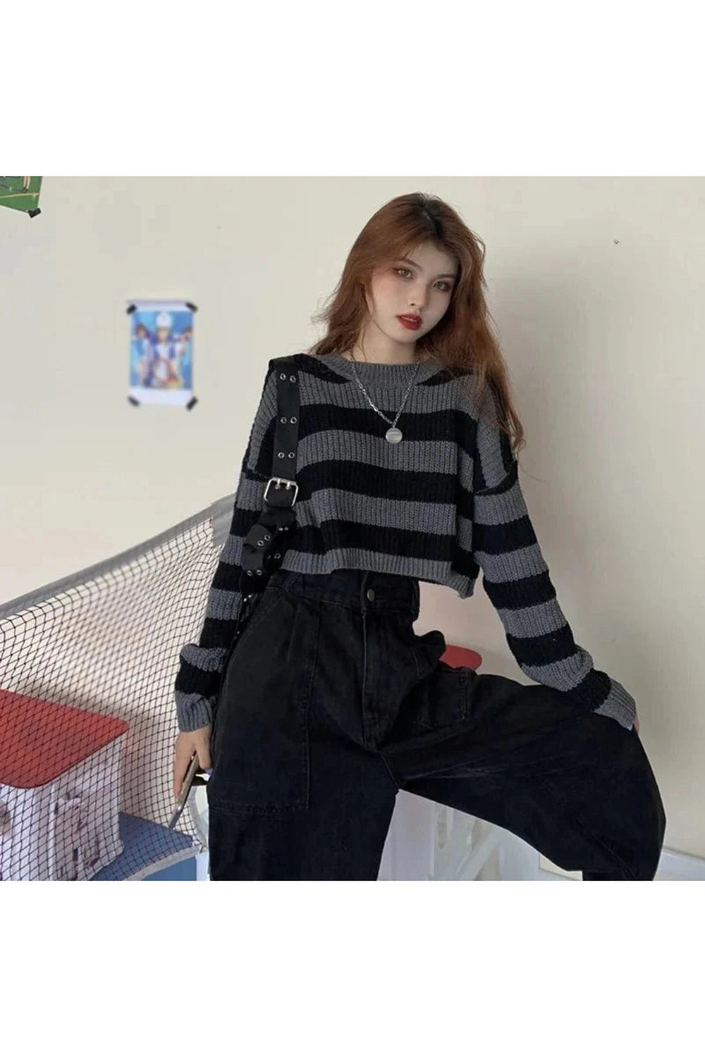 Y2k Spring Striped Cropped O-neck Sweater