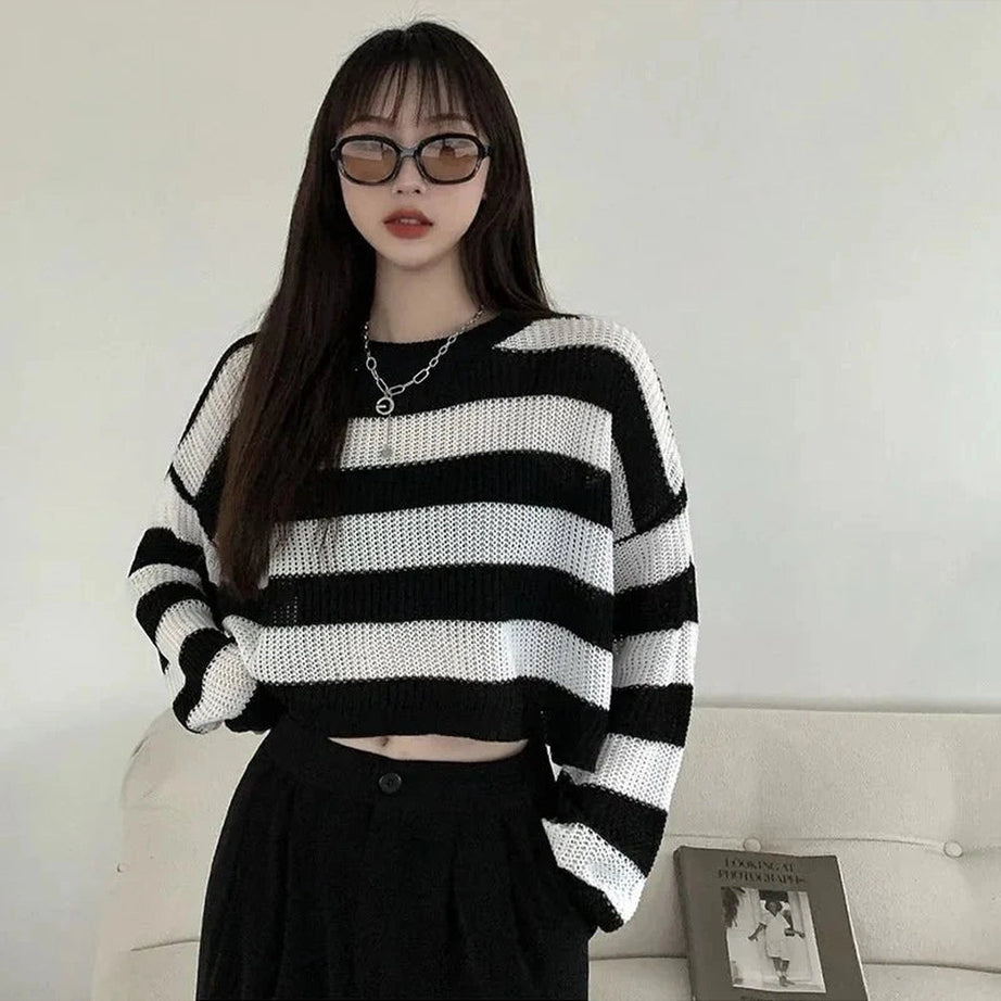 Y2k Spring Striped Cropped O-neck Sweater