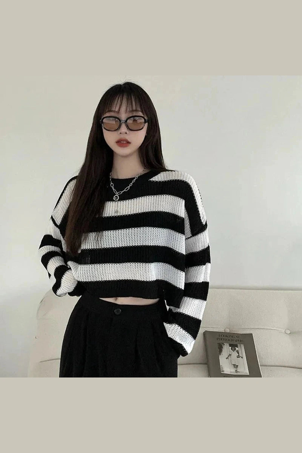 Y2k Spring Striped Cropped O-neck Sweater