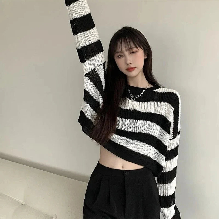 Y2k Spring Striped Cropped O-neck Sweater