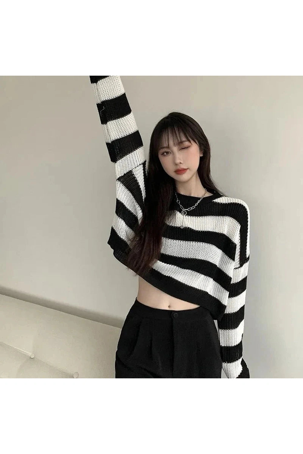 Y2k Spring Striped Cropped O-neck Sweater
