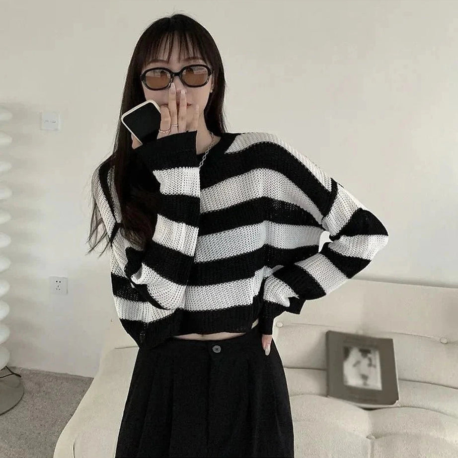 Y2k Spring Striped Cropped O-neck Sweater