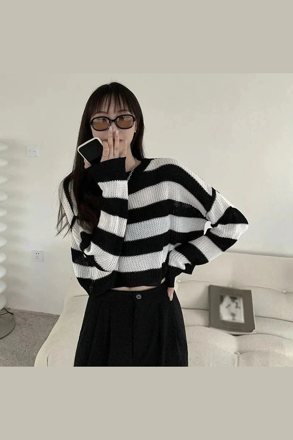 Y2k Spring Striped Cropped O-neck Sweater
