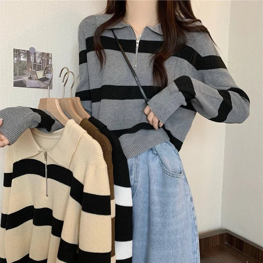 Y2k Spring Striped Patchwork Knit Pullover