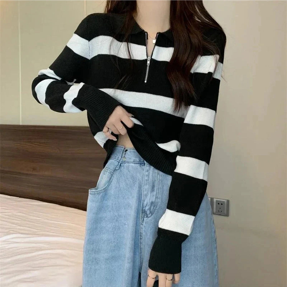 Y2k Spring Striped Patchwork Knit Pullover