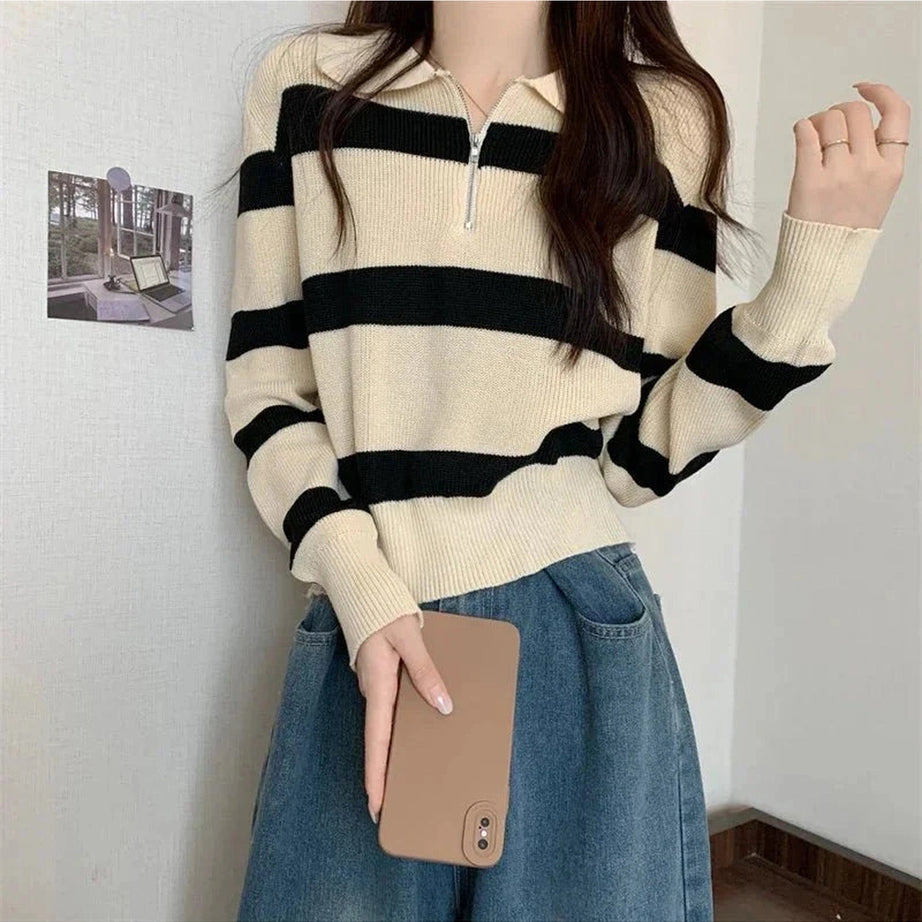 Y2k Spring Striped Patchwork Knit Pullover