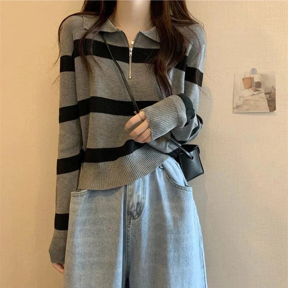 Y2k Spring Striped Patchwork Knit Pullover