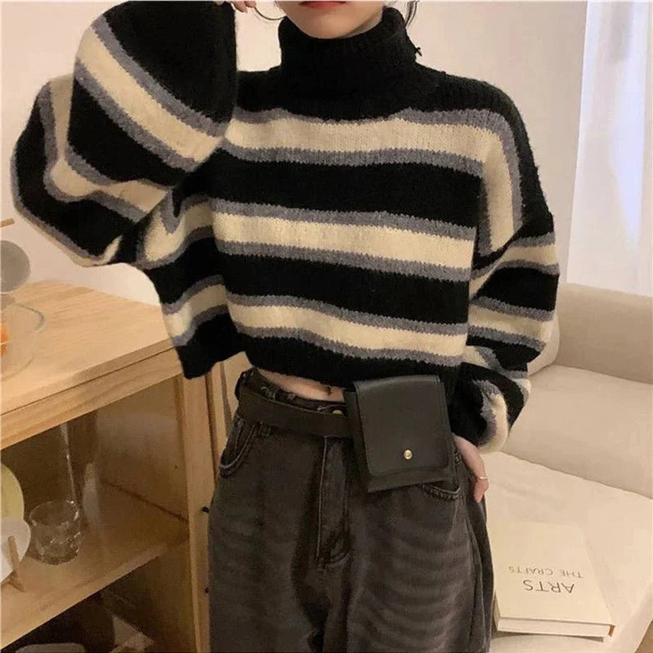 Y2k Spring Striped Turtleneck Crop Sweater